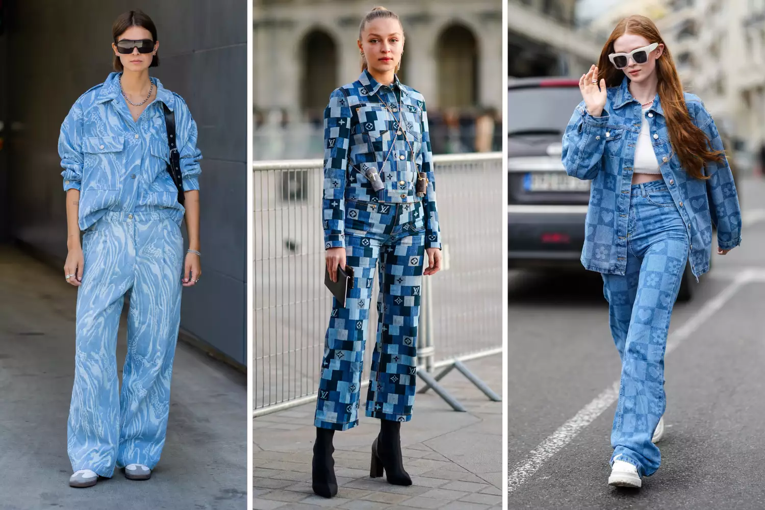 Three women wear printed denim jackets with matching print jeans.