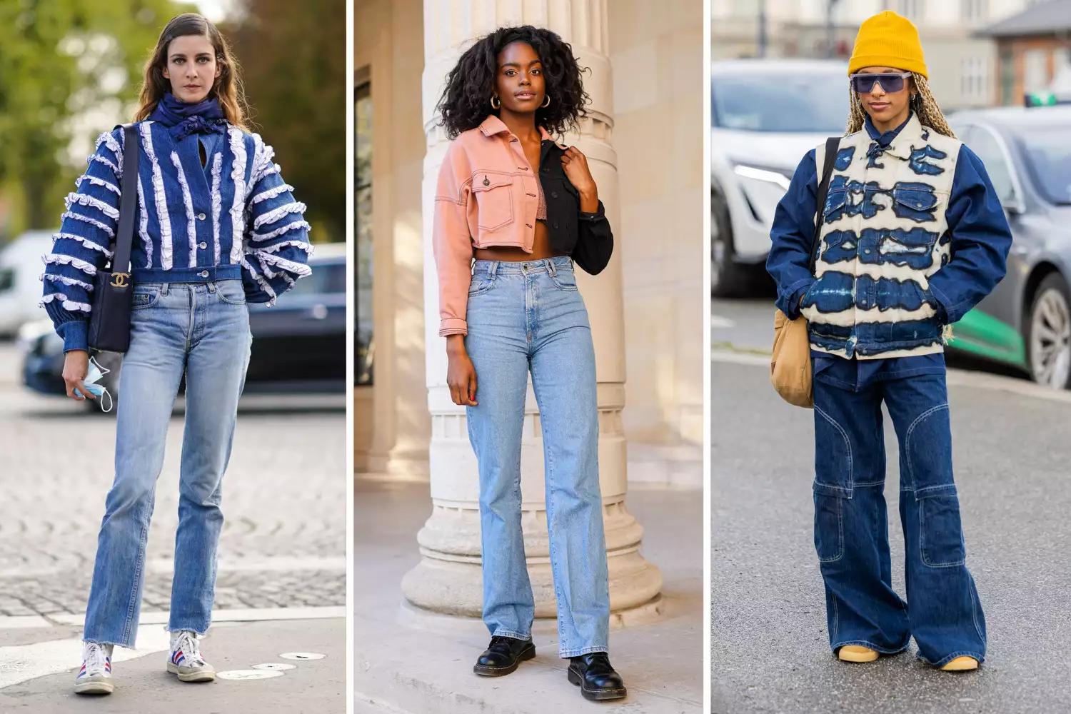 Three women wear statement denim jackets with jeans.