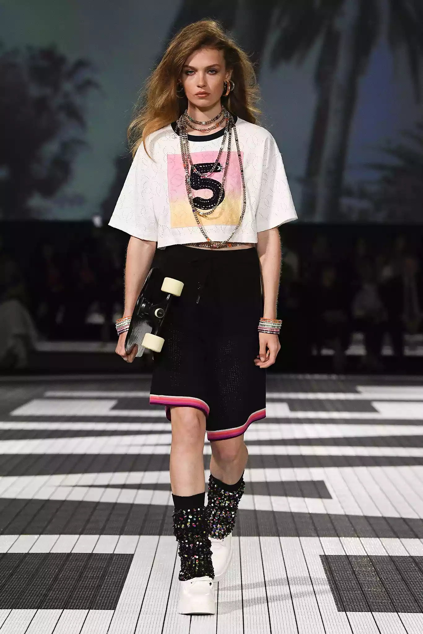 A model on the runway at Chanel Cruise 2024 Ready To Wear Fashion Show at Paramount Studios on May 9, 2023 in Los Angeles, California